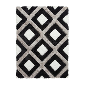 Olympia GR224 3D Geometric Plush Carved Hi-Lo Textured Soft Polyester Metallic Shimmer Shaggy Black/White/Grey Rug-Think Rugs-Rug Love - The Most Loved Rug Store
